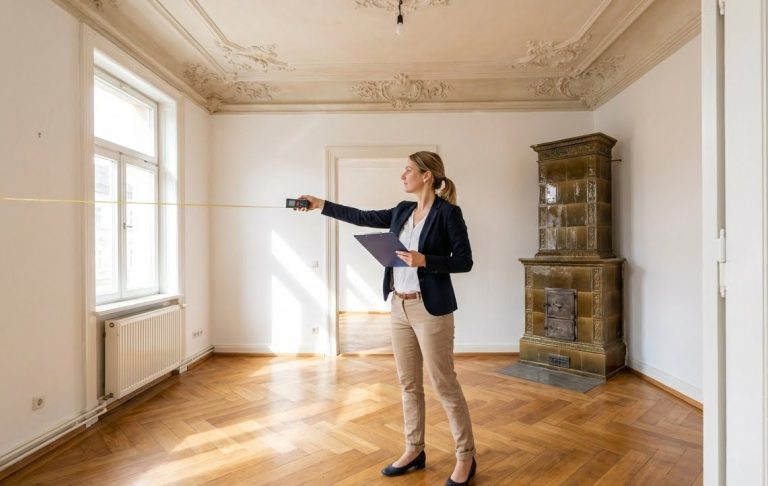 Frau mit Laser Entfernungsmesser in leeren Raum, Holzfußboden und Fensterlicht.