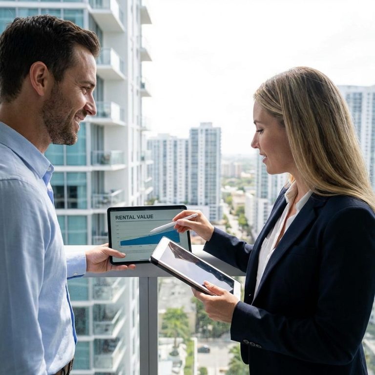 Zwei Personen stehen auf einem Balkon und besprechen Informationen auf Tablets.