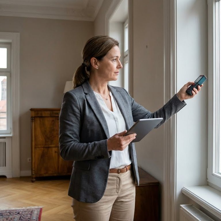 Frau in Anzug steht am Fenster und nutzt ein Smartphone sowie ein Tablet.